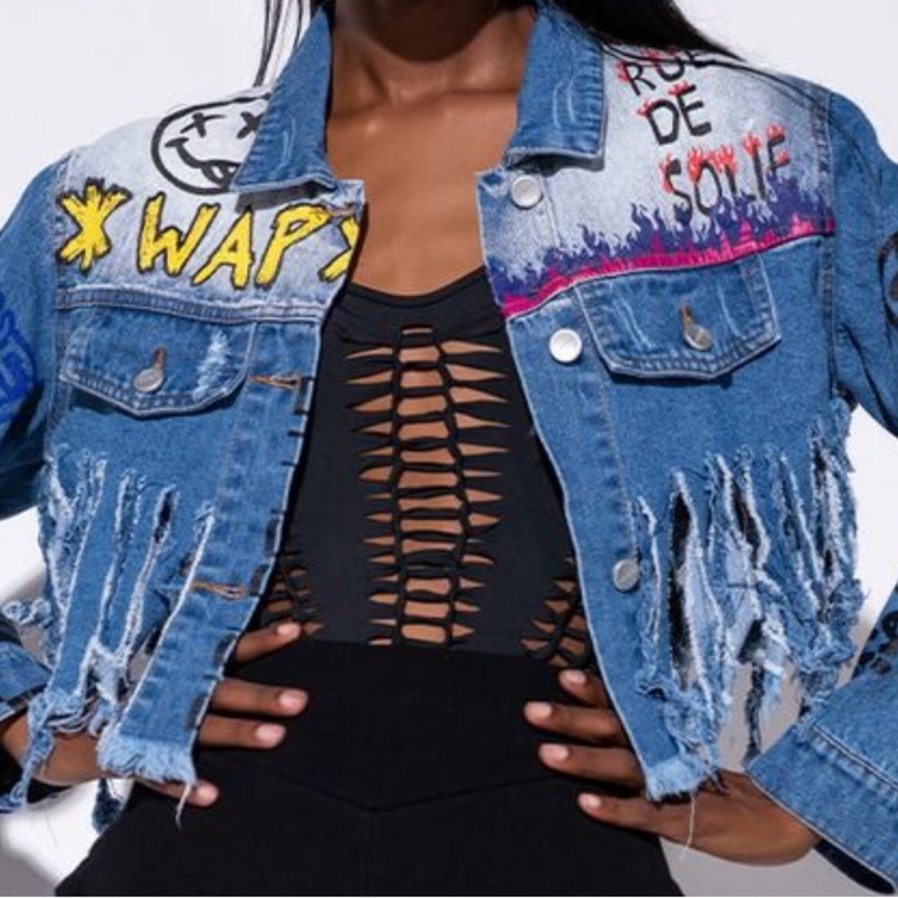Azalba wang Blue Graphic Fringe Jean Jacket